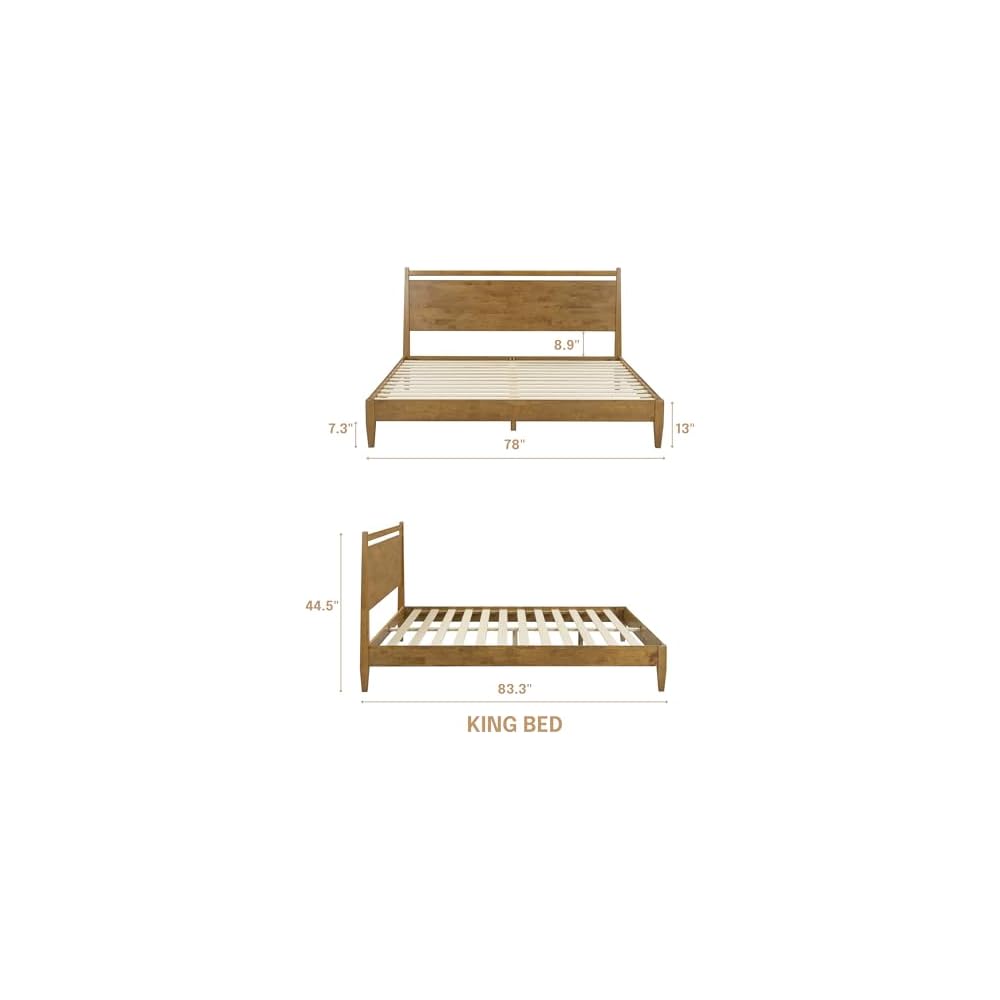 NTC Adept Wooden Bed Frame with Headboard, Solid Wood Foundation with Silent Slats and Wood Central Supports, 1000 Lb Capacity, Effortless Assembly, King - Teak Look