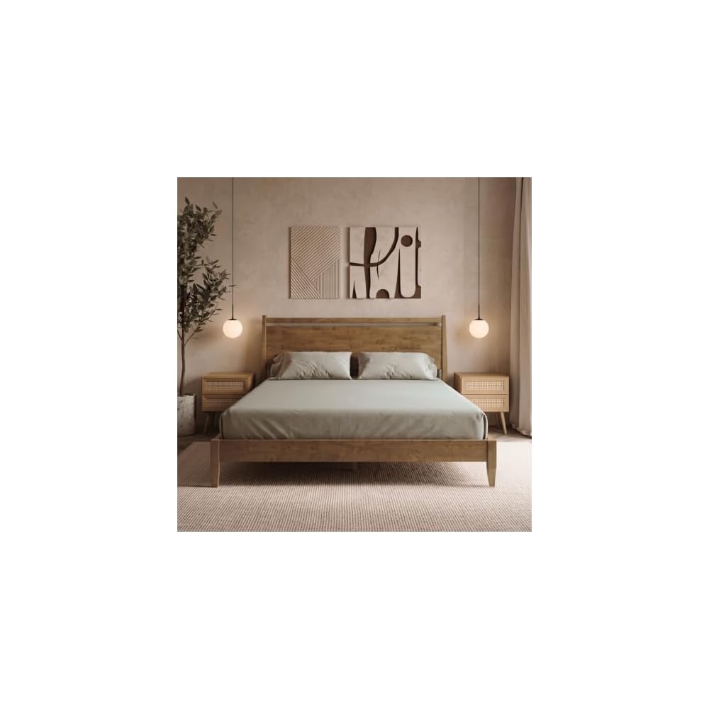 NTC Adept Wooden Bed Frame with Headboard, Solid Wood Foundation with Silent Slats and Wood Central Supports, 1000 Lb Capacity, Effortless Assembly, King - Teak Look