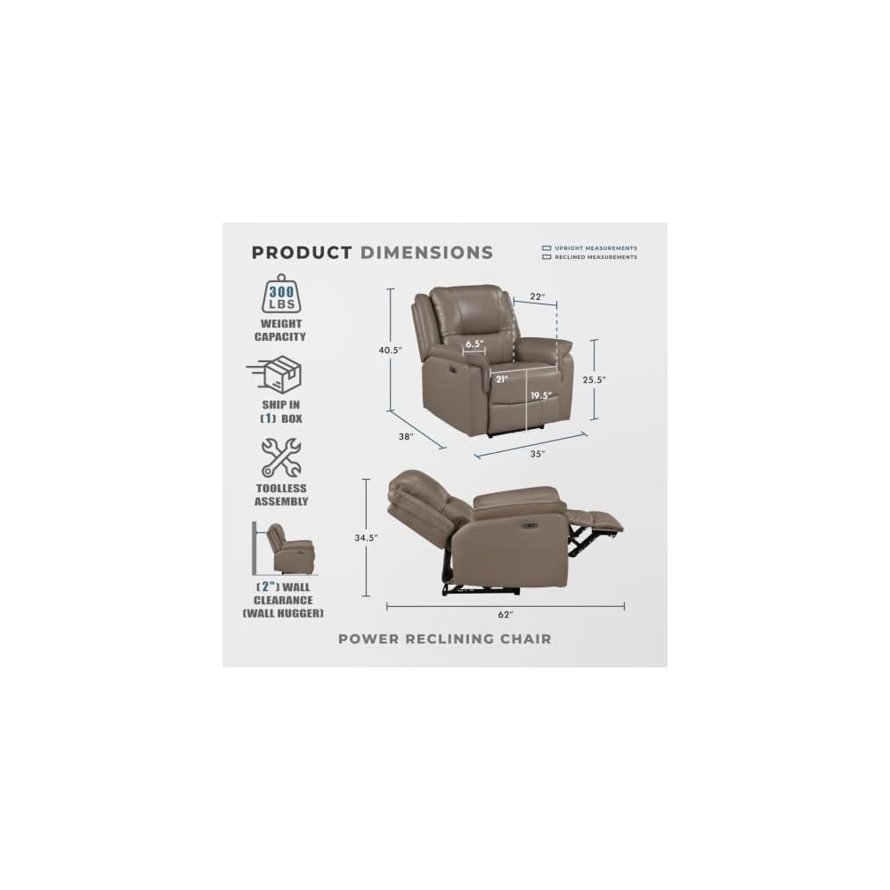 Lexicon Top Grain Leather Match Power Reclining Chair, Russet