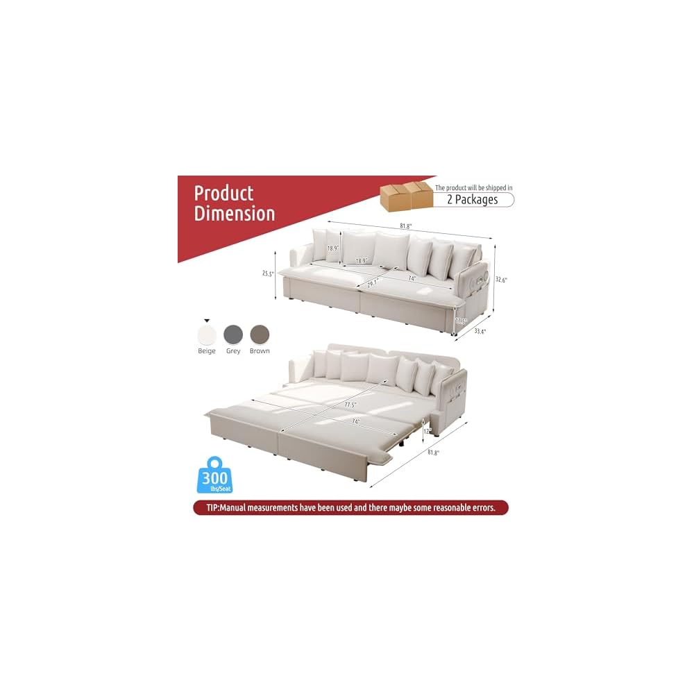 KEIKI 81.8" Oversized Sleeper Sofa Couch, 3-in-1 Pull Out Bed with Bluetooth Speakers, USB Charging Ports, Deep Cushions & Plush Pillows for Living Room Movie Nights & Overnight Guests