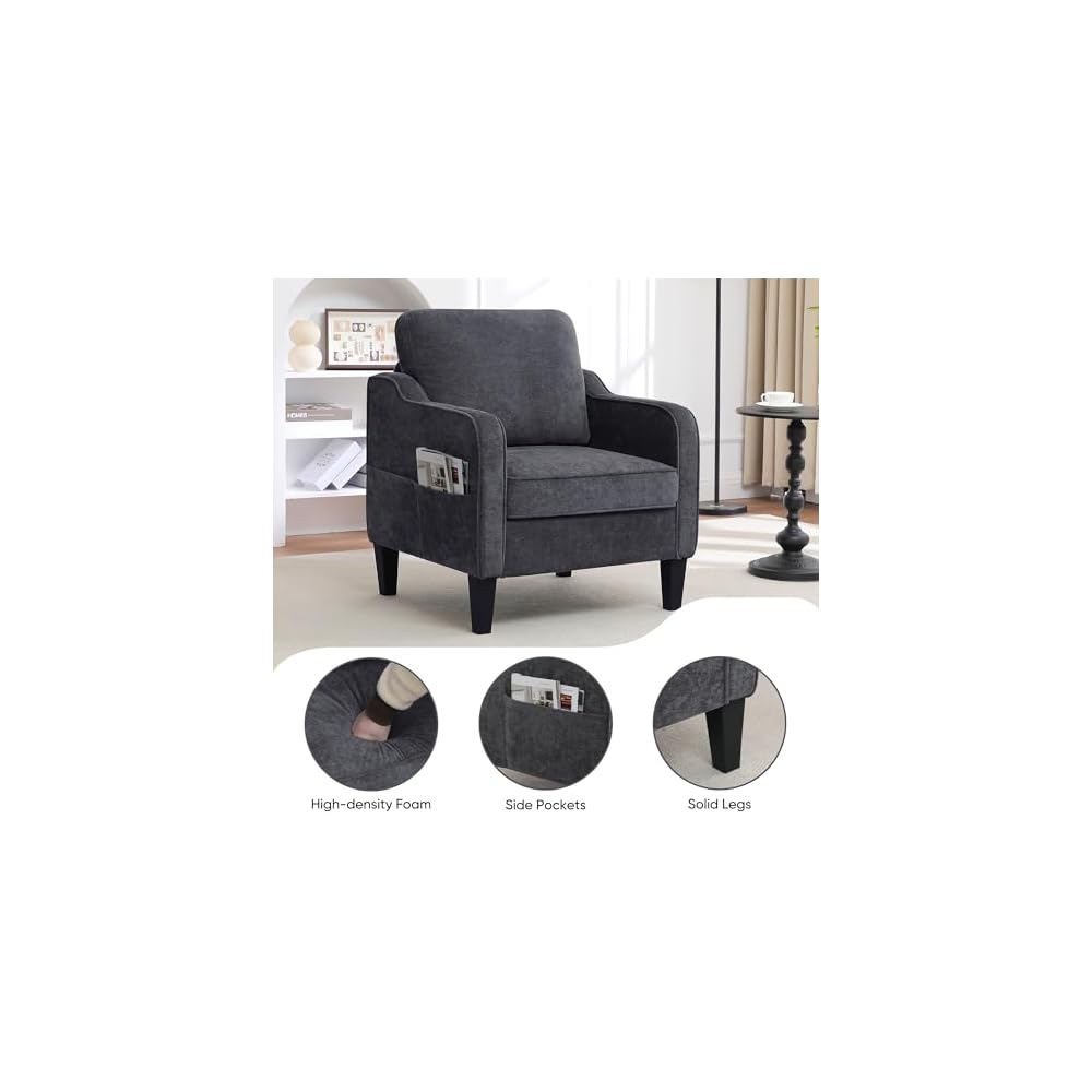 Accent Chair for Living Room, Mid Century Modern Reading Chair for Bedroom, Upholstered Armchair with Side Pockets, Comfy Single Sofa Side Chair for Office, Apartment, Small Room, Dark Grey