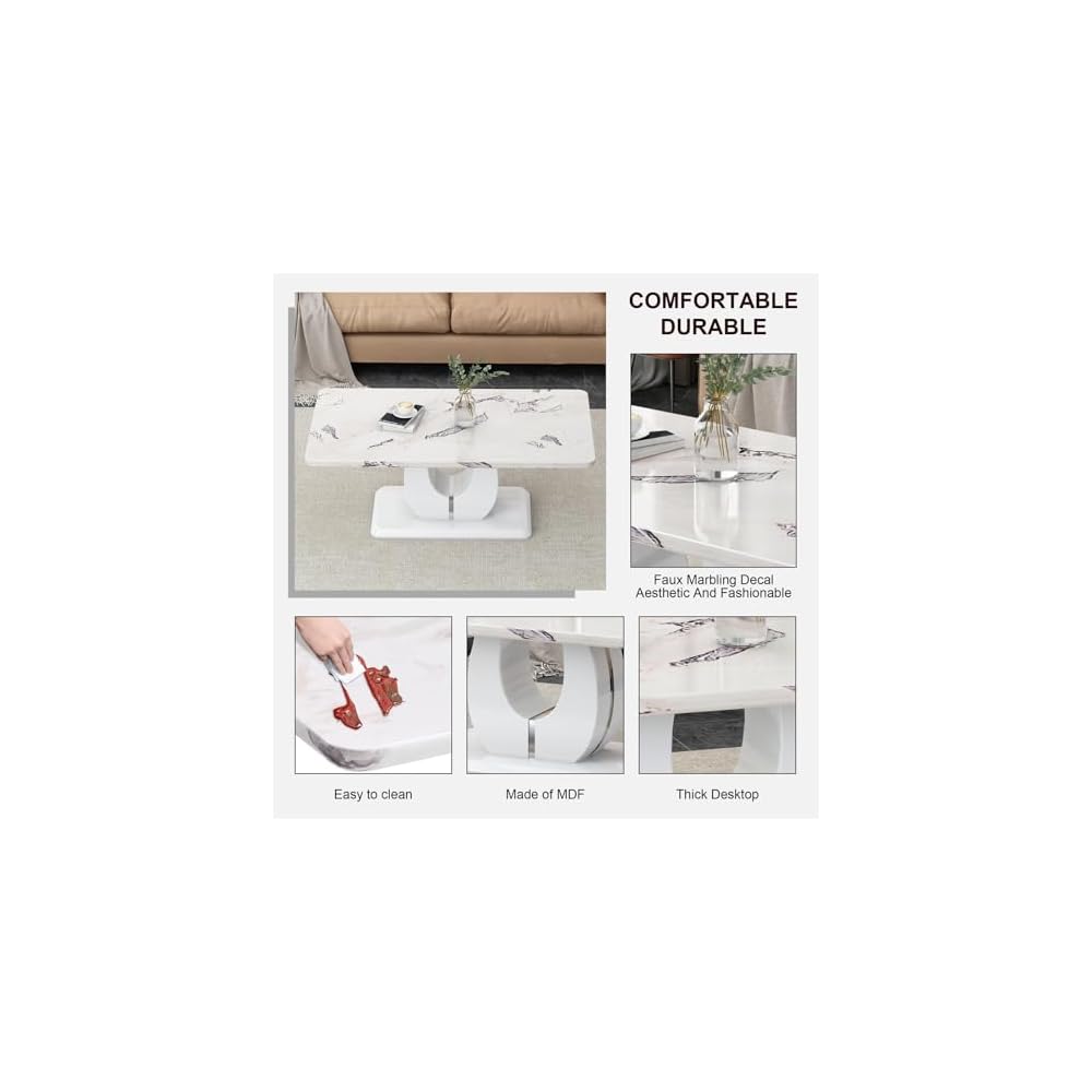 LKTART 43" Rectangle Modern Faux Marble Coffee Table for Living Room, White