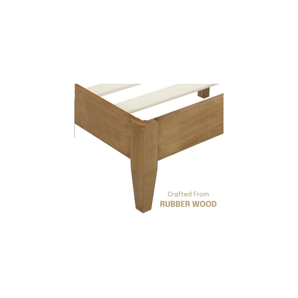 NTC Adept Wooden Bed Frame with Headboard, Solid Wood Foundation with Silent Slats and Wood Central Supports, 1000 Lb Capacity, Effortless Assembly, King - Teak Look