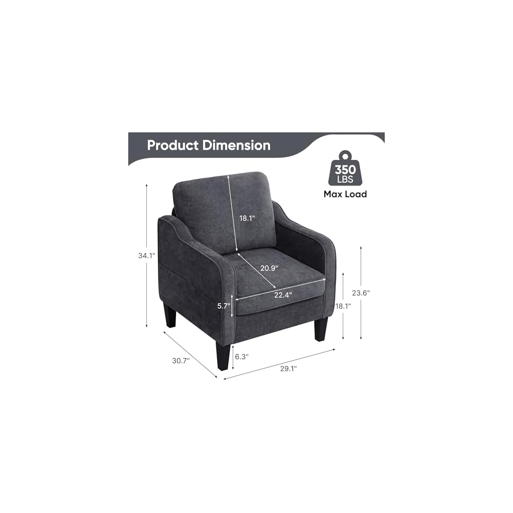 Accent Chair for Living Room, Mid Century Modern Reading Chair for Bedroom, Upholstered Armchair with Side Pockets, Comfy Single Sofa Side Chair for Office, Apartment, Small Room, Dark Grey