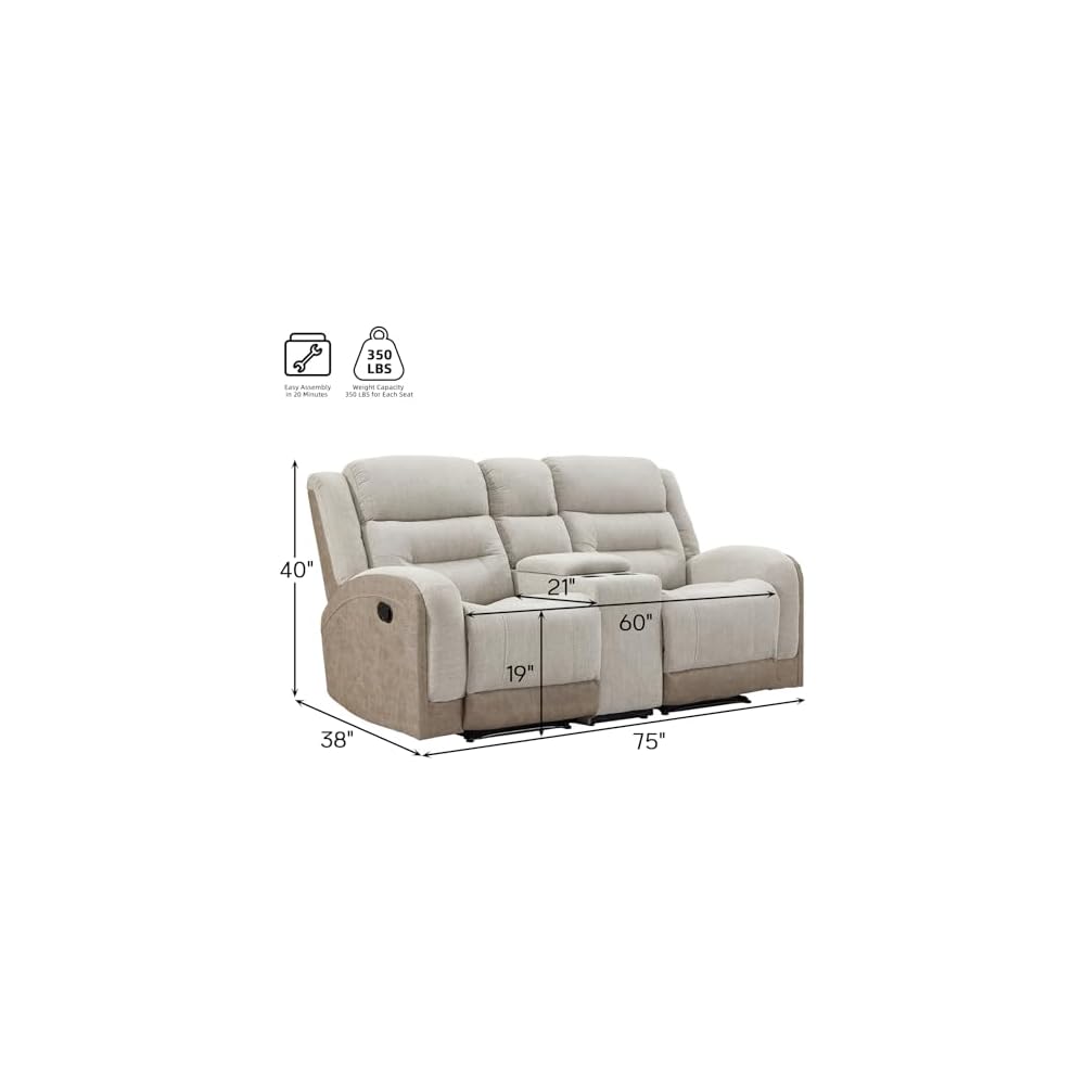 EBELLO Loveseat Recliner with Center Console, Soft Fabric 2-Seater Manual Recliner Sofa, Hidden Storage & Cup Holders, Wall-Hugger Reclining Sofa for Living Room RV, Beige