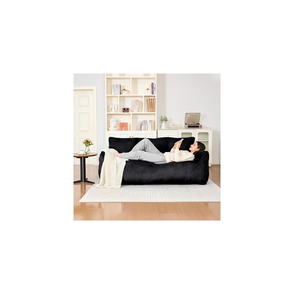 Cvortll Faux Fur Loveseat Couch, Oversized Lounge Sofa for Adults, Fluffy Lazy Sofa with Soft Stuffed Filling, Big Comfy Couch, Boneless Couches for Living Room, Bedroom, Black