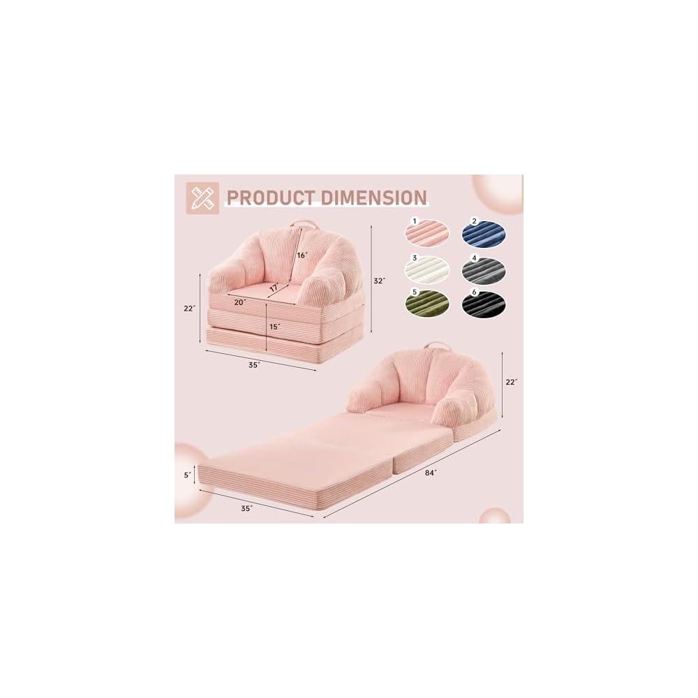 wanan Folding Sofa Bed, 3-in-1 Convertible Boneless Couch with Handle, Floor Lounger & Sleeper Chair for Adults, Comfy Folding Couch Single Sofa for Living Room Bedroom, Pink