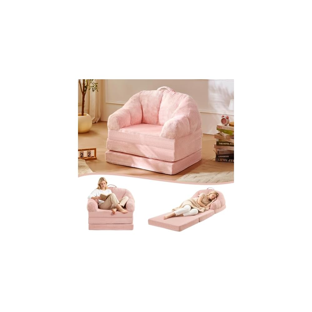 wanan Folding Sofa Bed, 3-in-1 Convertible Boneless Couch with Handle, Floor Lounger & Sleeper Chair for Adults, Comfy Folding Couch Single Sofa for Living Room Bedroom, Pink