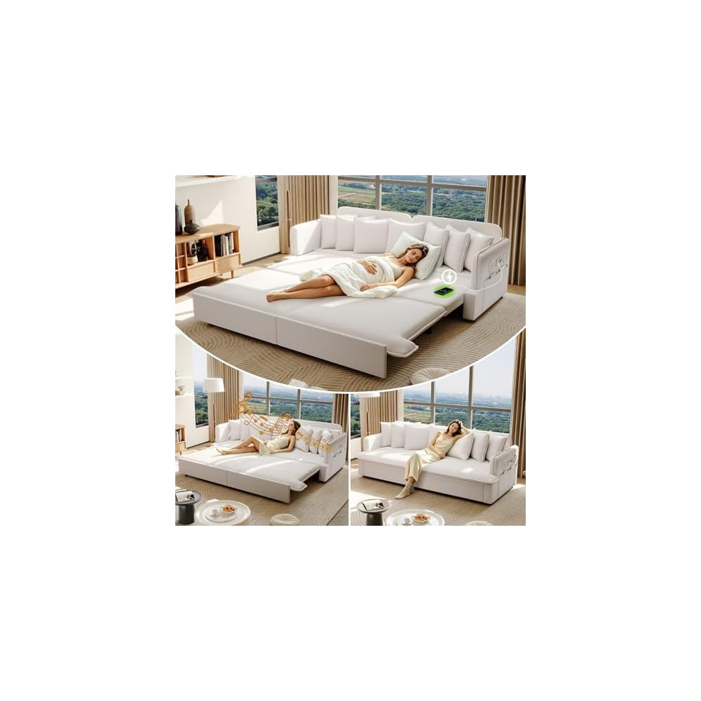 KEIKI 81.8" Oversized Sleeper Sofa Couch, 3-in-1 Pull Out Bed with Bluetooth Speakers, USB Charging Ports, Deep Cushions & Plush Pillows for Living Room Movie Nights & Overnight Guests