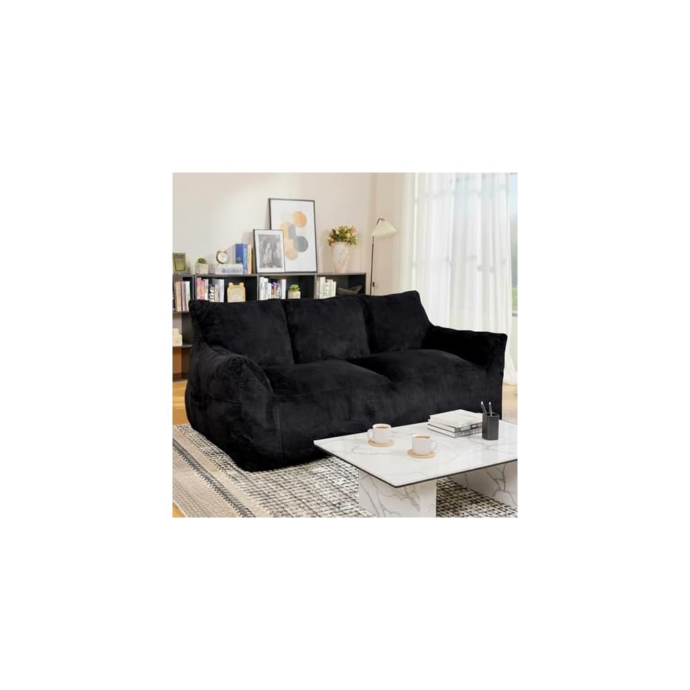 Cvortll Faux Fur Loveseat Couch, Oversized Lounge Sofa for Adults, Fluffy Lazy Sofa with Soft Stuffed Filling, Big Comfy Couch, Boneless Couches for Living Room, Bedroom, Black