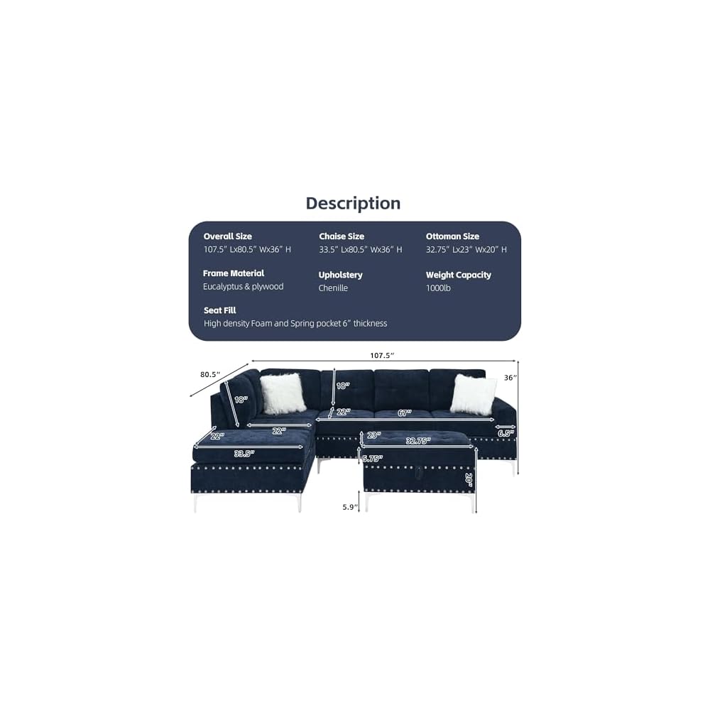 Living Room Furniture Sets, L-Shape Sectional 5-Seater Sofa with Extra Wide Reversible Chaise, Storage Ottoman and Cup Holders and Copper Nails, 2 Pillows, Navy Blue