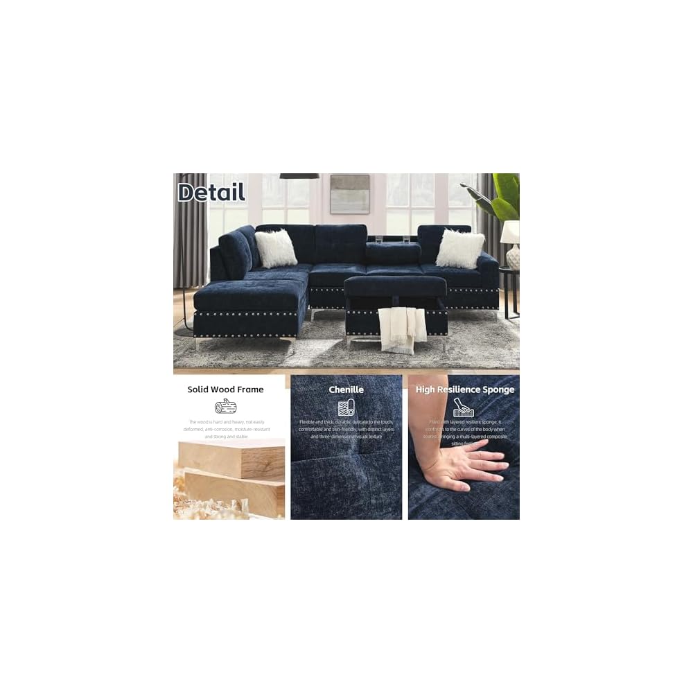 Living Room Furniture Sets, L-Shape Sectional 5-Seater Sofa with Extra Wide Reversible Chaise, Storage Ottoman and Cup Holders and Copper Nails, 2 Pillows, Navy Blue