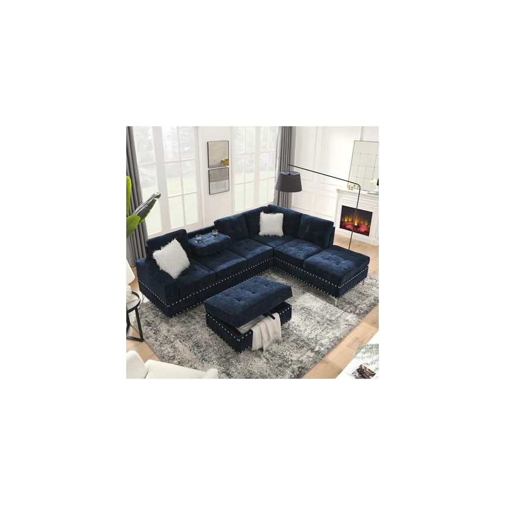 Living Room Furniture Sets, L-Shape Sectional 5-Seater Sofa with Extra Wide Reversible Chaise, Storage Ottoman and Cup Holders and Copper Nails, 2 Pillows, Navy Blue
