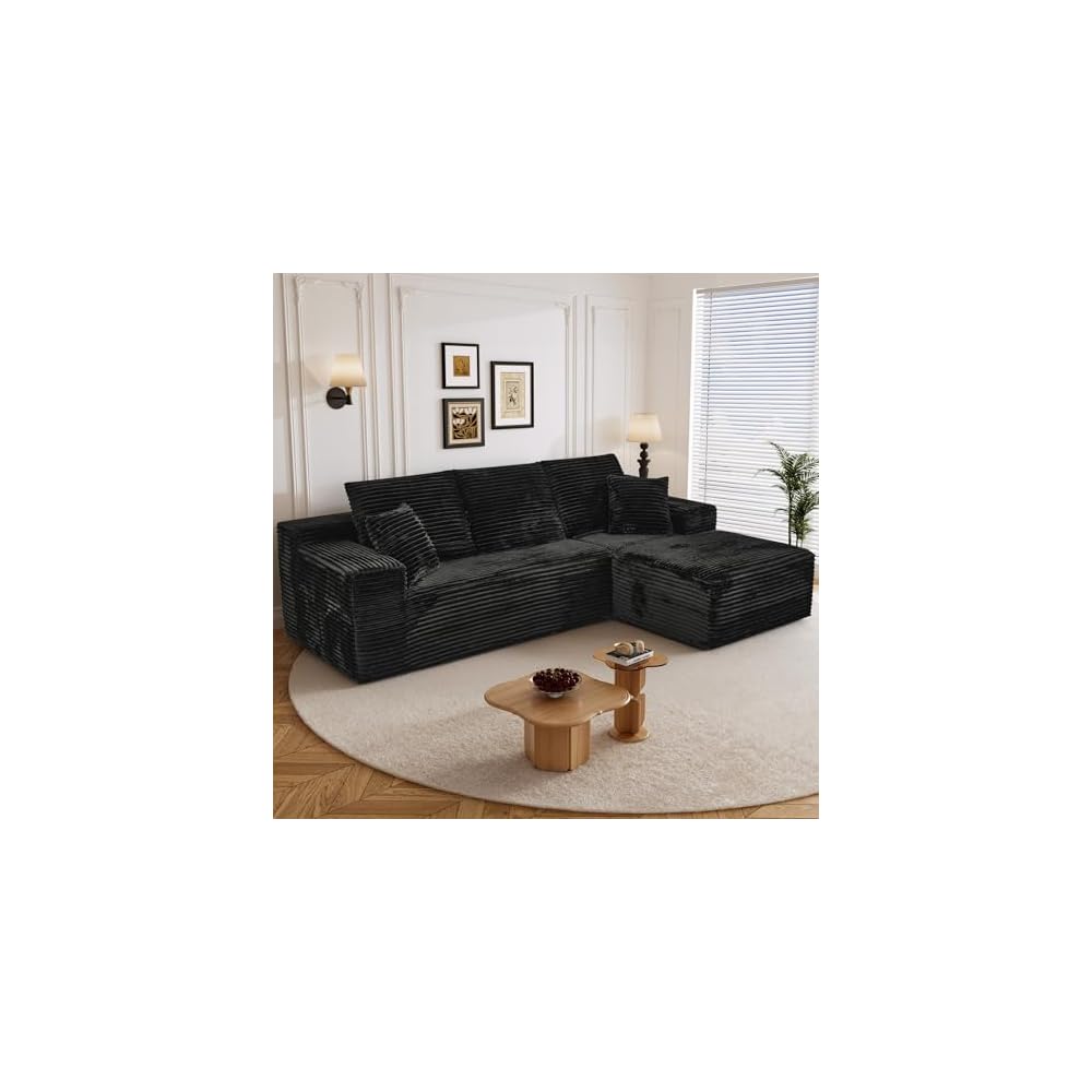108" L Shaped Boneless Sectional Couches for Living Room, Comfy Corduroy Floor Cloud Sofa with Chaise, Wide Armrest, Deep Seat, Memory Foam, Assembly Free, Ideal for Small Spaces, Black