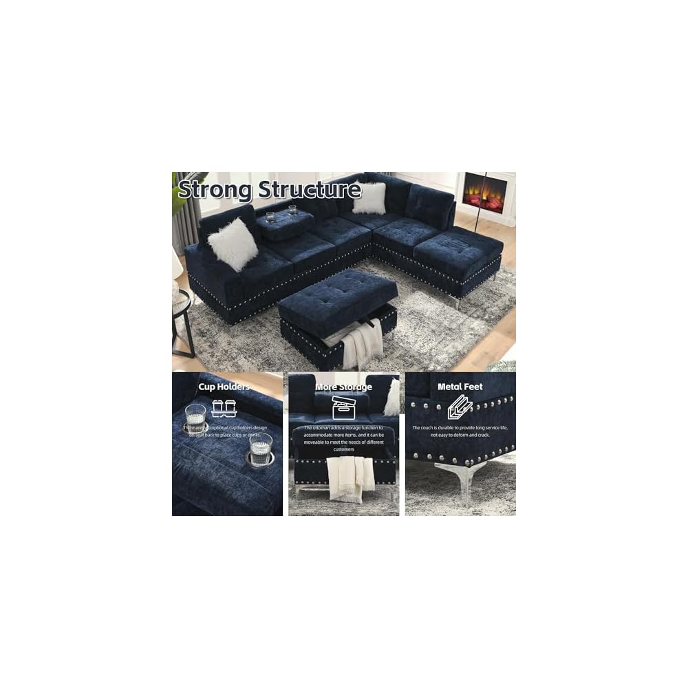 Living Room Furniture Sets, L-Shape Sectional 5-Seater Sofa with Extra Wide Reversible Chaise, Storage Ottoman and Cup Holders and Copper Nails, 2 Pillows, Navy Blue