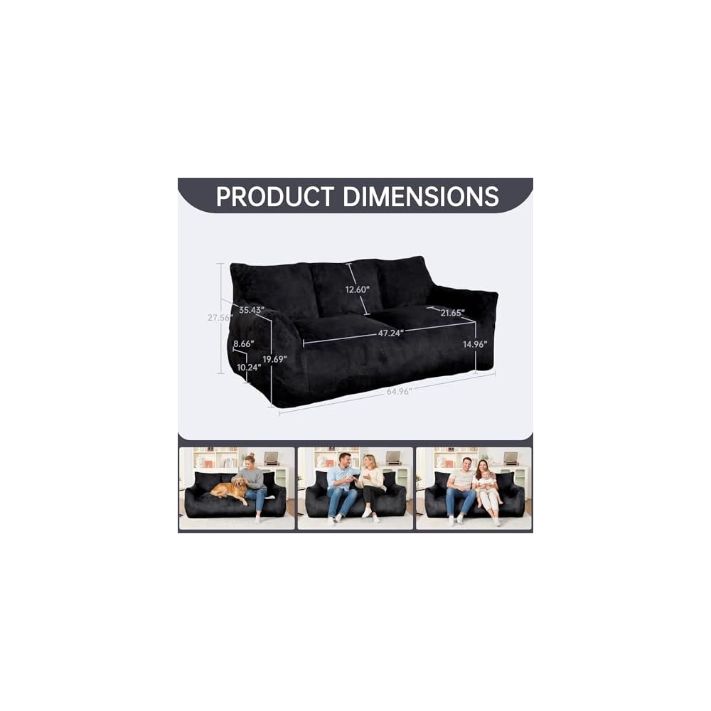 Cvortll Faux Fur Loveseat Couch, Oversized Lounge Sofa for Adults, Fluffy Lazy Sofa with Soft Stuffed Filling, Big Comfy Couch, Boneless Couches for Living Room, Bedroom, Black