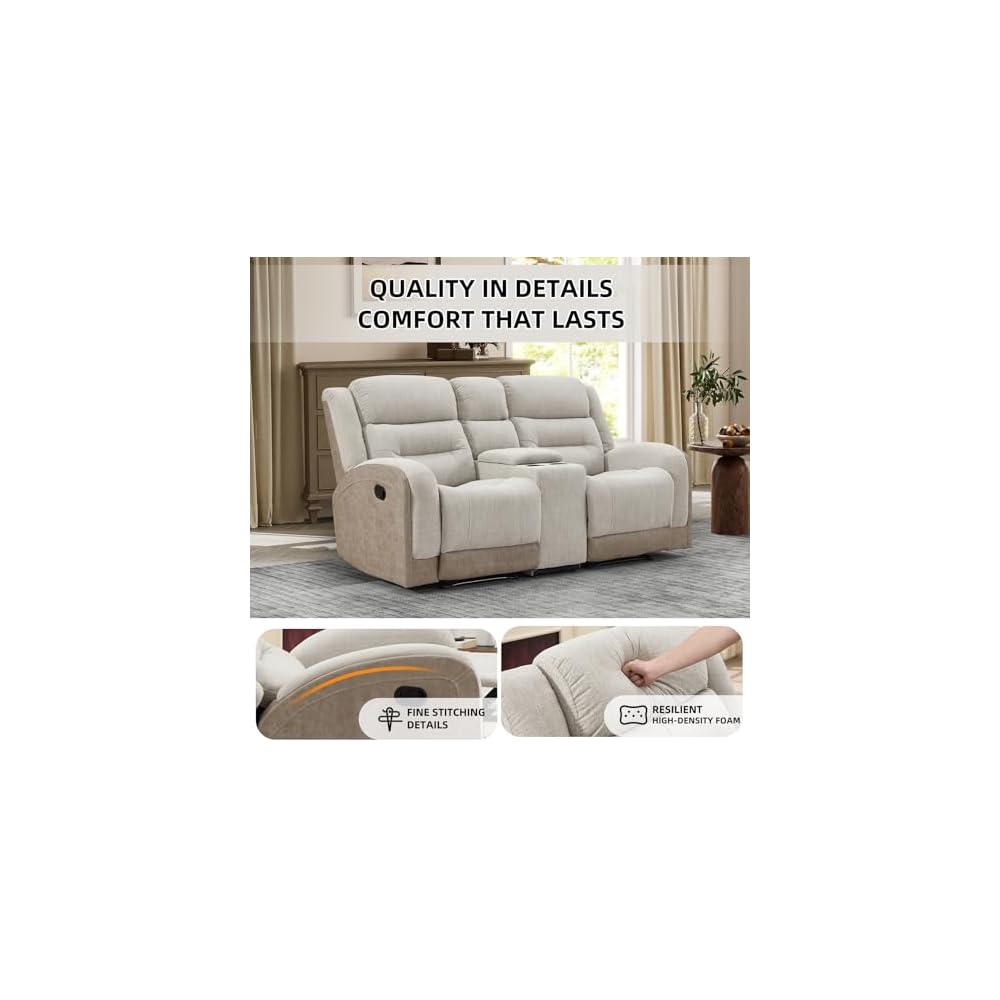 EBELLO Loveseat Recliner with Center Console, Soft Fabric 2-Seater Manual Recliner Sofa, Hidden Storage & Cup Holders, Wall-Hugger Reclining Sofa for Living Room RV, Beige