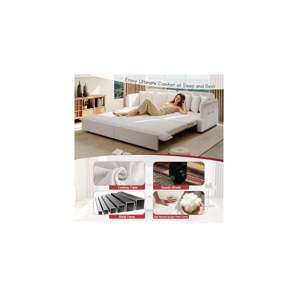 KEIKI 81.8" Oversized Sleeper Sofa Couch, 3-in-1 Pull Out Bed with Bluetooth Speakers, USB Charging Ports, Deep Cushions & Plush Pillows for Living Room Movie Nights & Overnight Guests