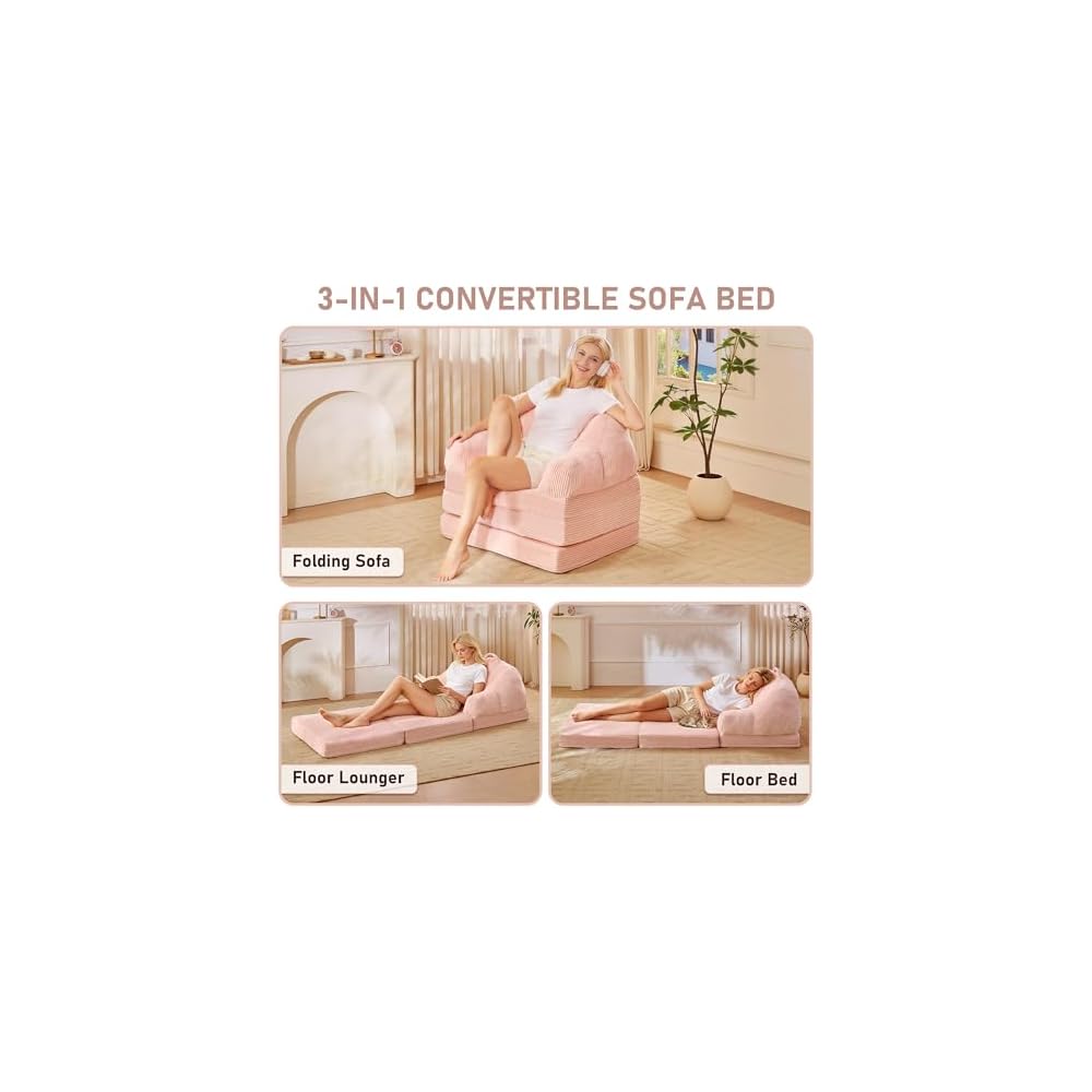 wanan Folding Sofa Bed, 3-in-1 Convertible Boneless Couch with Handle, Floor Lounger & Sleeper Chair for Adults, Comfy Folding Couch Single Sofa for Living Room Bedroom, Pink