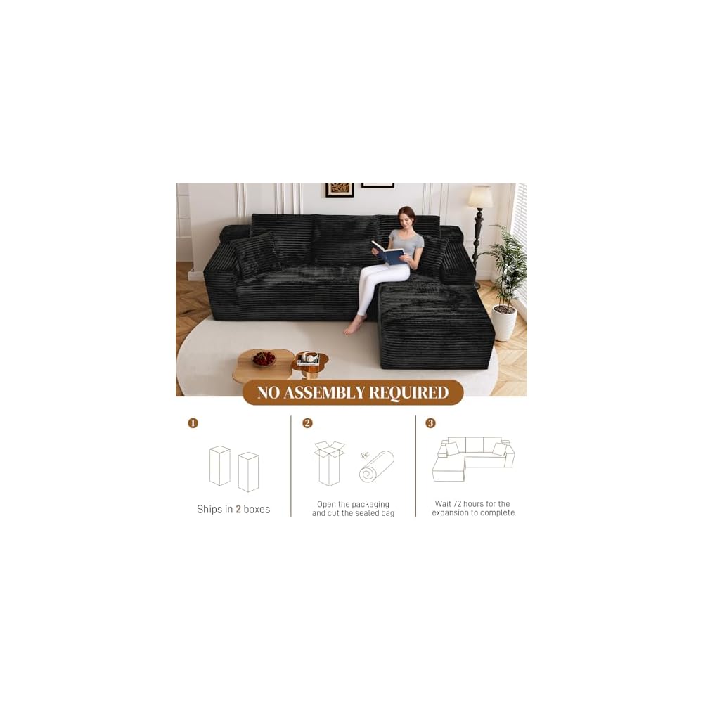 108" L Shaped Boneless Sectional Couches for Living Room, Comfy Corduroy Floor Cloud Sofa with Chaise, Wide Armrest, Deep Seat, Memory Foam, Assembly Free, Ideal for Small Spaces, Black
