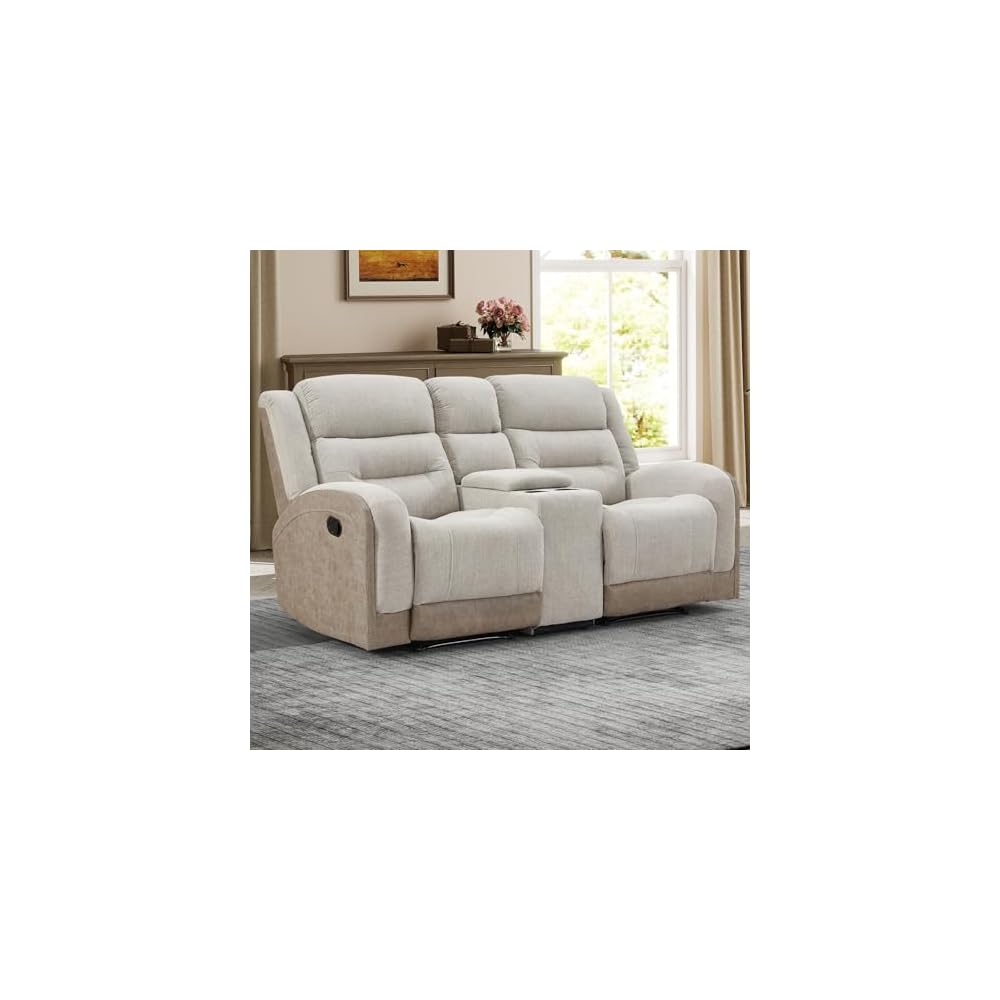 EBELLO Loveseat Recliner with Center Console, Soft Fabric 2-Seater Manual Recliner Sofa, Hidden Storage & Cup Holders, Wall-Hugger Reclining Sofa for Living Room RV, Beige