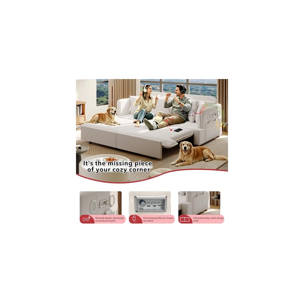 KEIKI 81.8" Oversized Sleeper Sofa Couch, 3-in-1 Pull Out Bed with Bluetooth Speakers, USB Charging Ports, Deep Cushions & Plush Pillows for Living Room Movie Nights & Overnight Guests