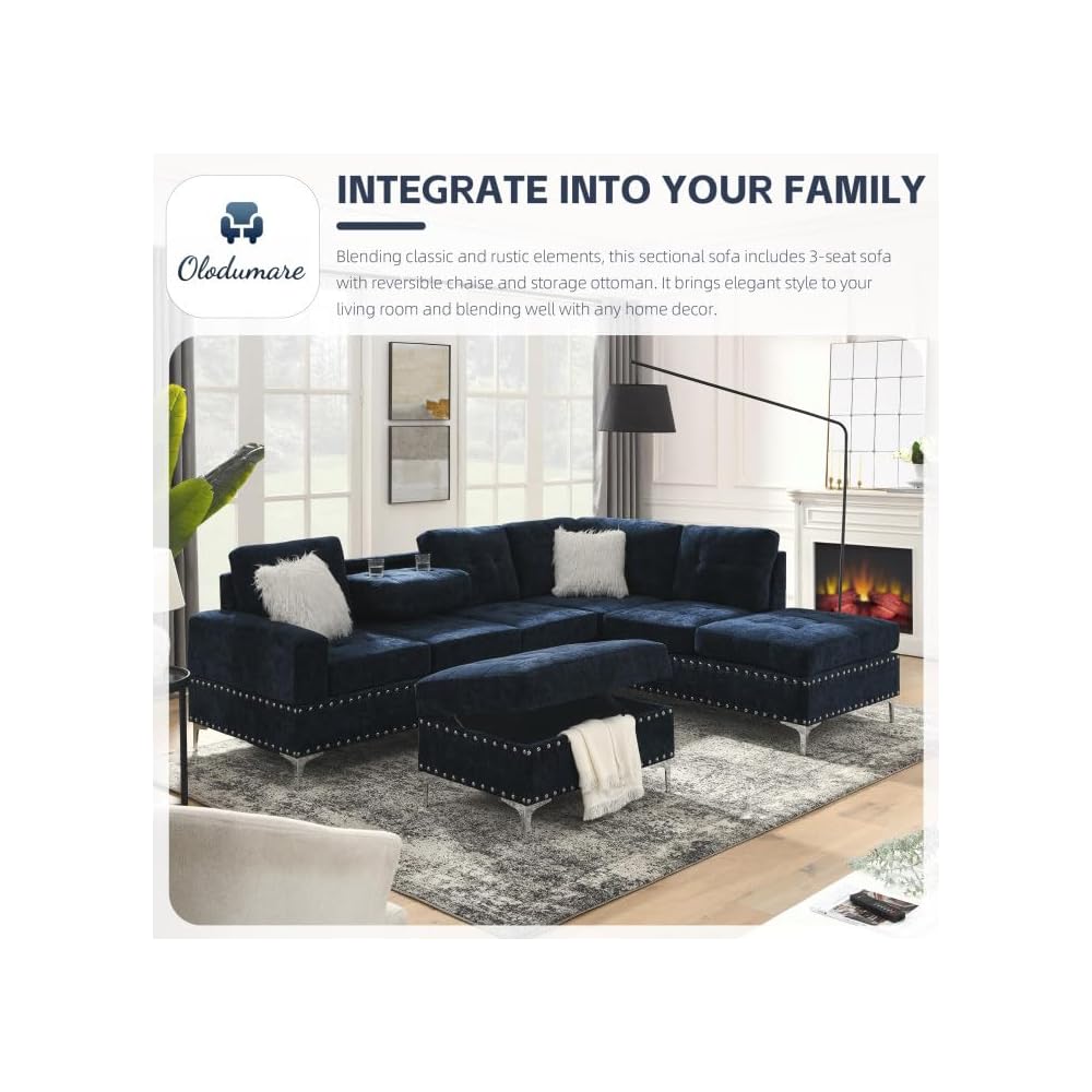 Living Room Furniture Sets, L-Shape Sectional 5-Seater Sofa with Extra Wide Reversible Chaise, Storage Ottoman and Cup Holders and Copper Nails, 2 Pillows, Navy Blue