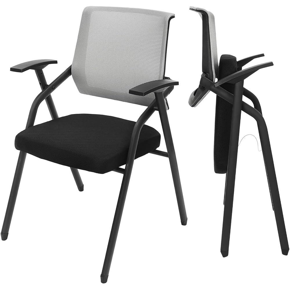 2 Pack Folding Chairs 485 lbs Heavy Duty Conference Room Chairs,Padded Folding Chairs Office Chairs with Widen Armrest,Grey Mesh Net Back Desk Chair No Wheels for Schools Office