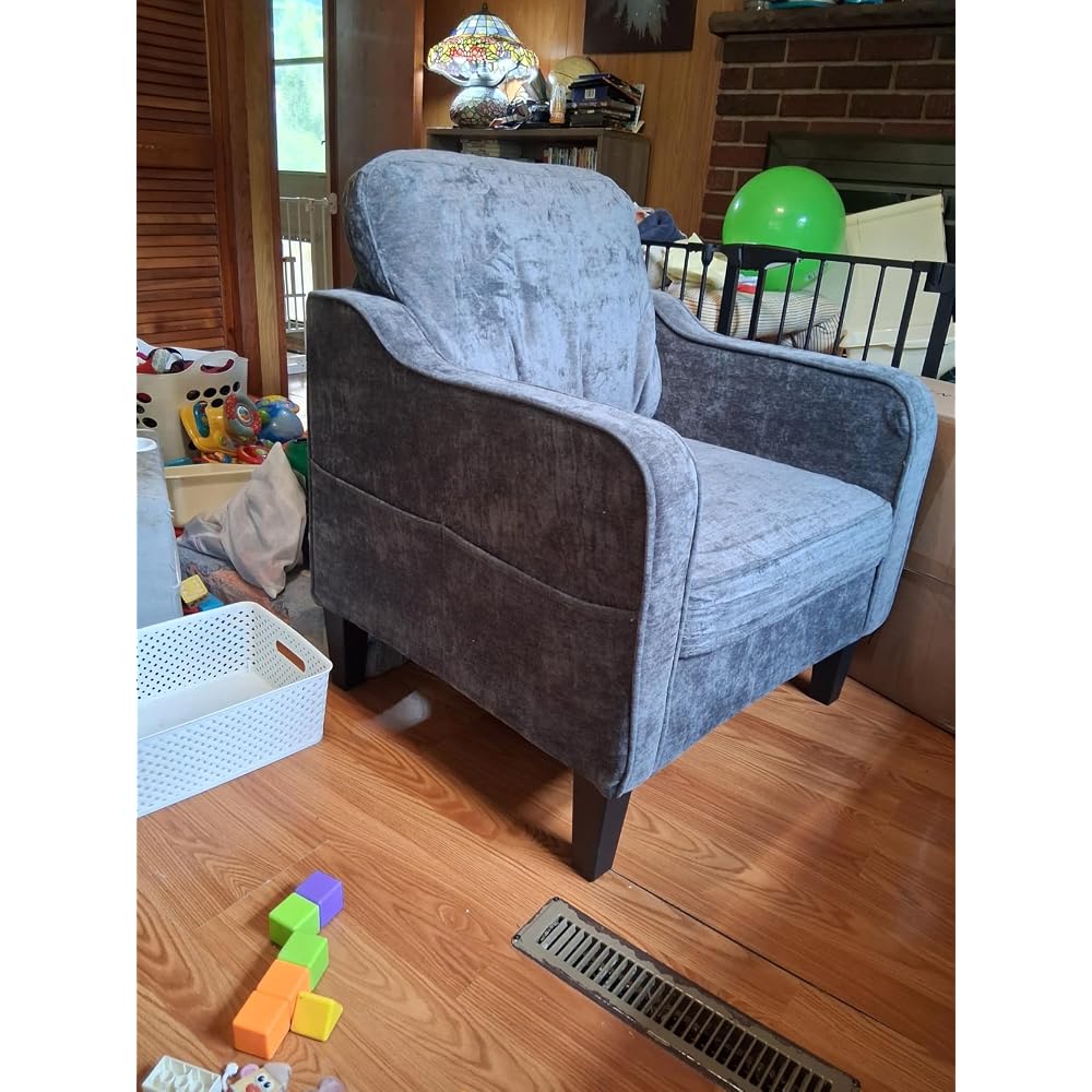 Accent Chair for Living Room, Mid Century Modern Reading Chair for Bedroom, Upholstered Armchair with Side Pockets, Comfy Single Sofa Side Chair for Office, Apartment, Small Room, Dark Grey