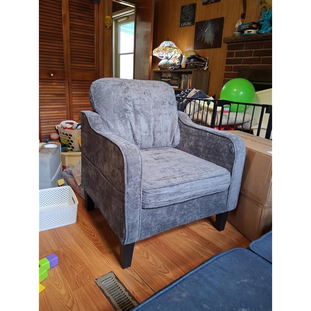 Accent Chair for Living Room, Mid Century Modern Reading Chair for Bedroom, Upholstered Armchair with Side Pockets, Comfy Single Sofa Side Chair for Office, Apartment, Small Room, Dark Grey