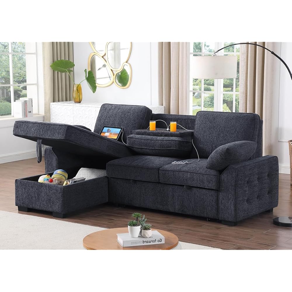 Lilola Home Mackenzie 91" Charcoal Gray Reversible Sleeper Sectional Sofa