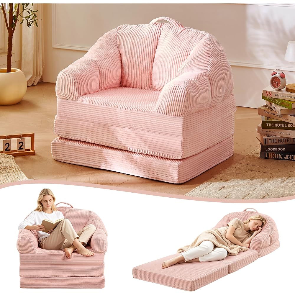 wanan Folding Sofa Bed, 3-in-1 Convertible Boneless Couch with Handle, Floor Lounger & Sleeper Chair for Adults, Comfy Folding Couch Single Sofa for Living Room Bedroom, Pink
