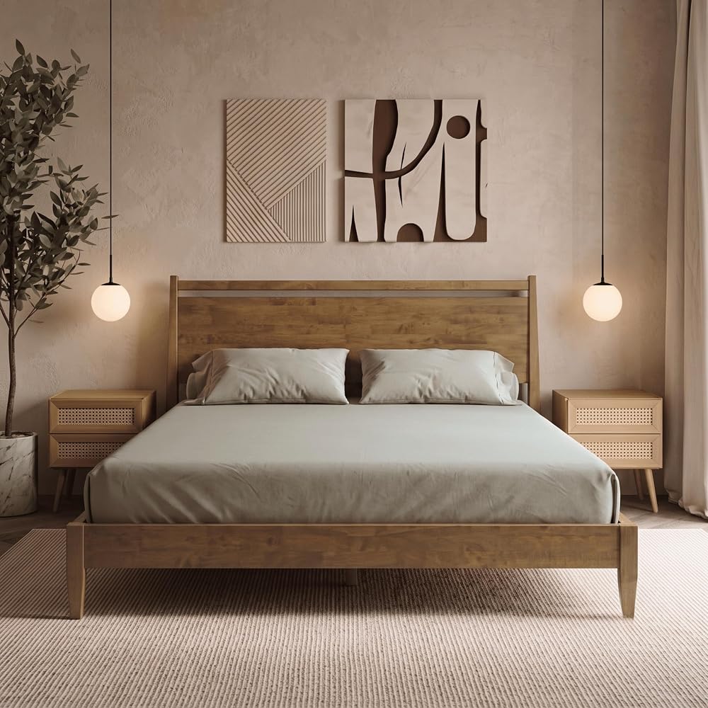 NTC Adept Wooden Bed Frame with Headboard, Solid Wood Foundation with Silent Slats and Wood Central Supports, 1000 Lb Capacity, Effortless Assembly, King - Teak Look