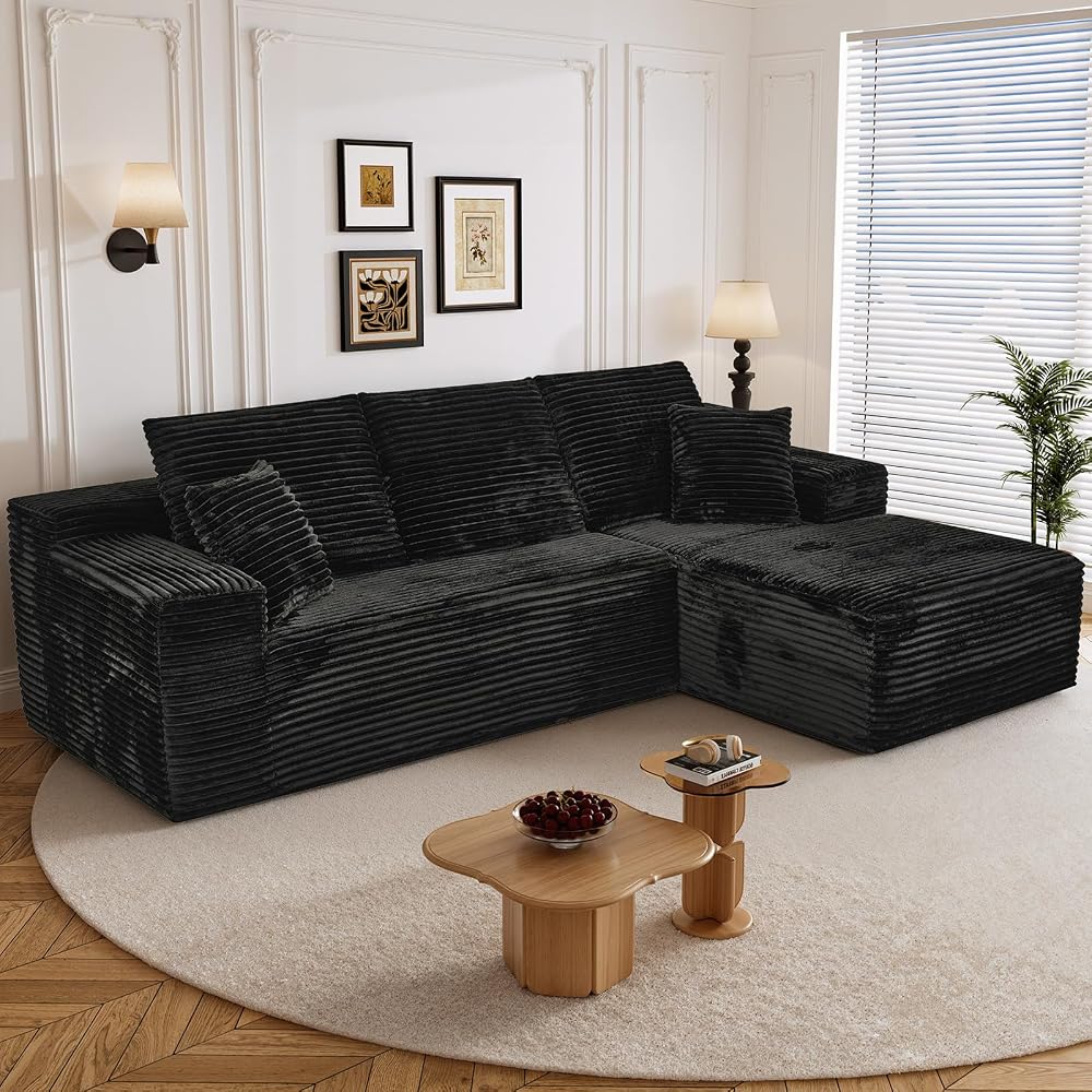 108" L Shaped Boneless Sectional Couches for Living Room, Comfy Corduroy Floor Cloud Sofa with Chaise, Wide Armrest, Deep Seat, Memory Foam, Assembly Free, Ideal for Small Spaces, Black