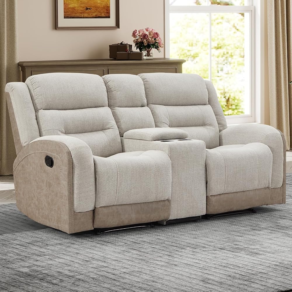 EBELLO Loveseat Recliner with Center Console, Soft Fabric 2-Seater Manual Recliner Sofa, Hidden Storage & Cup Holders, Wall-Hugger Reclining Sofa for Living Room RV, Beige