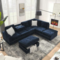 Living Room Furniture Sets, L-Shape Sectional 5-Seater Sofa with Extra Wide Reversible Chaise, Storage Ottoman and Cup Holders and Copper Nails, 2 Pillows, Navy Blue